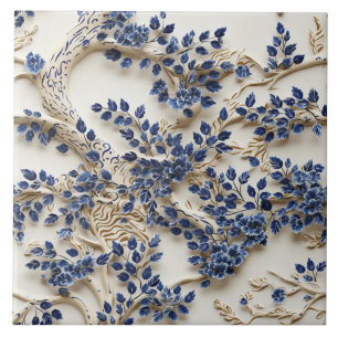 Azulejo Escultura de árbol azul y blanco, flores azules