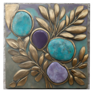 Azulejo Escultura floral en turquesa, dorado y púrpura