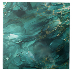 Azulejo Esmeralda Teal y Oro Fluido Abstracto