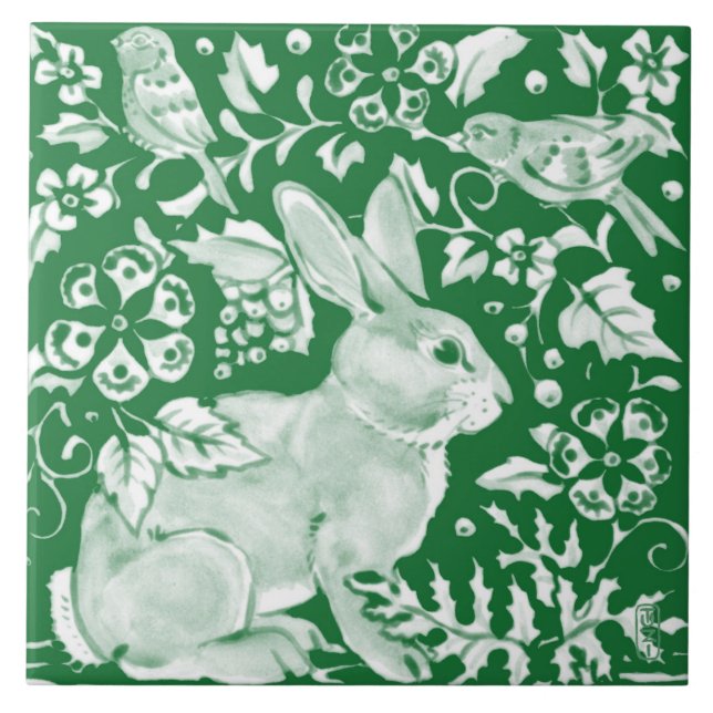 Azulejo Esmeralda Verde Rabbit Bird Woodland Floral Art (Frente)