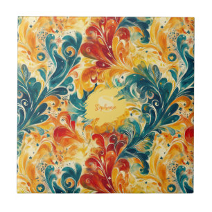 Azulejo Esmeralda Verde y Oro Abstracto Paisley Leaves (3)