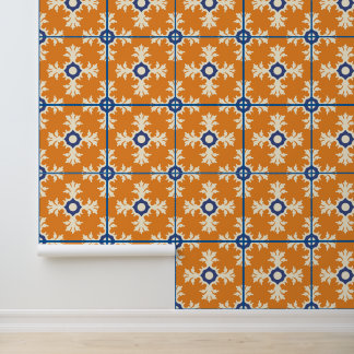 Azulejo Español Azul Naranja Quemado Pared Mediter