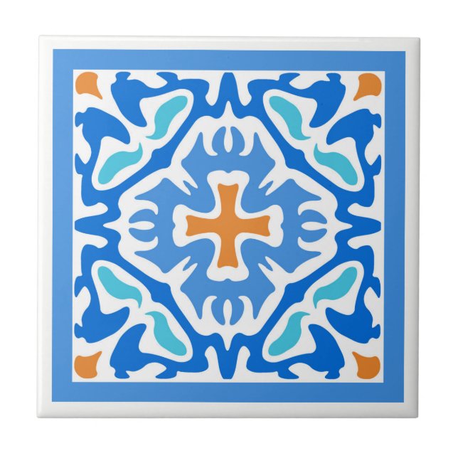 Azulejo Español azul veraniego de playa con acento Naranja (Frente)