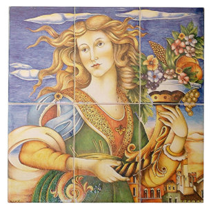 Azulejo Español Europeo Mujer Cuerno de la Abundan