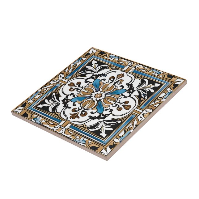 Azulejo español marroquí azul amarillo blanco negr (Lado)