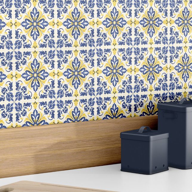 Azulejo Español Moderno Elegante Amarillo Azul (Spanish Azulejo Modern Elegant Blue Yellow Ceramic Tile)