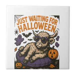 Azulejo Esperando por Halloween Highland Cow