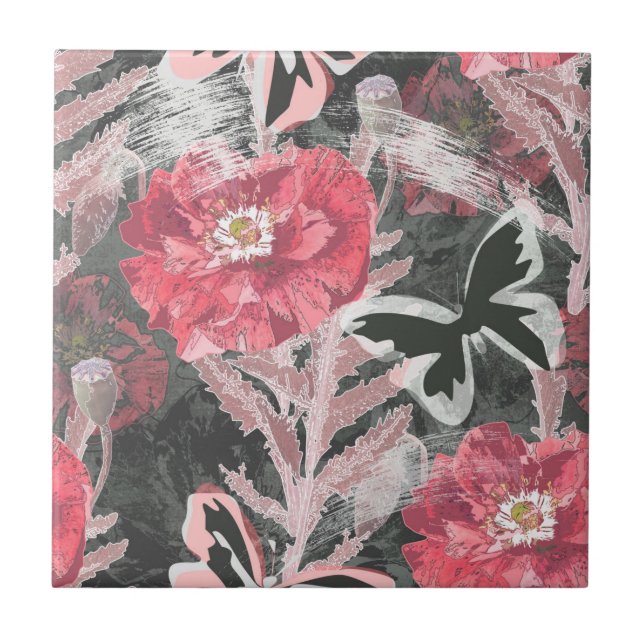 Azulejo Espías rojas. Colorida impresión floral. (Frente)