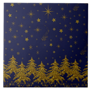Azulejo Espinoso árbol de Navidad de oro, estrellas, niev