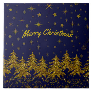 Azulejo Espinoso árbol de Navidad de oro, estrellas, nieve