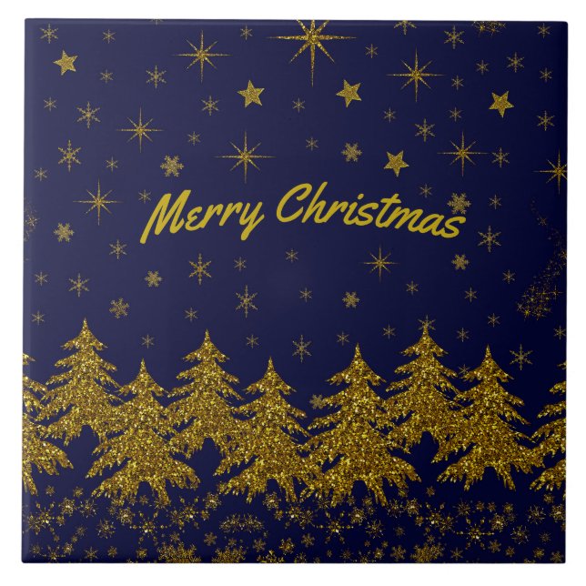 Azulejo Espinoso árbol de Navidad de oro, estrellas, nieve (Frente)