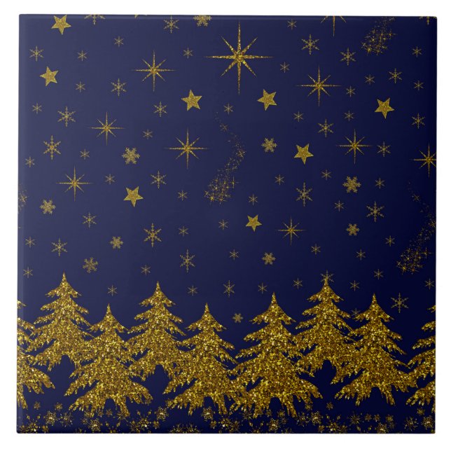 Azulejo Espinoso árbol de Navidad de oro, estrellas, nieve (Frente)