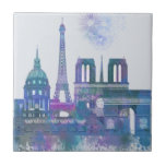 Azulejo Esquina de París - Azul acuarela<br><div class="desc">Colores de agua del Skyline de París azules por Fab Funky. Presenta famosos monumentos de París en un estilo acuático.</div>