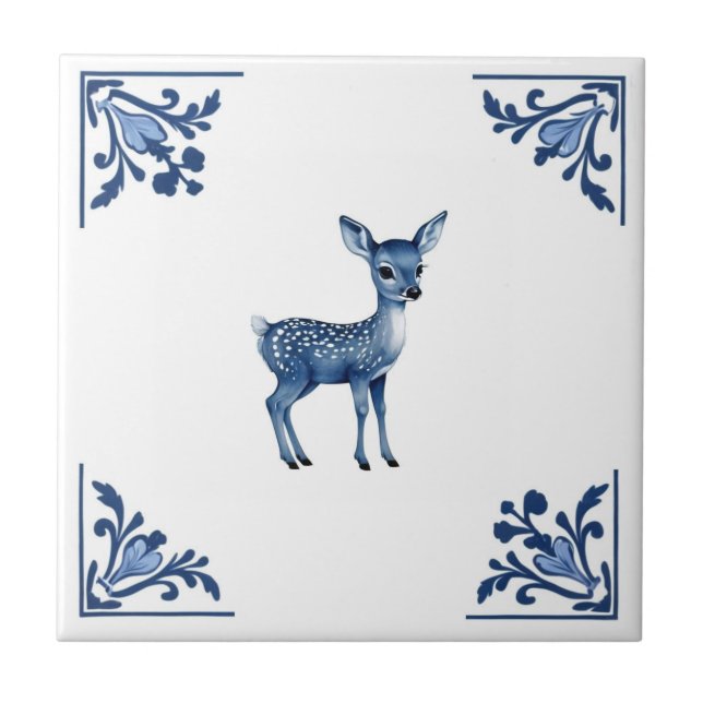 Azulejo Esquinas azules y blancas de Baby Deer Fawn (Frente)