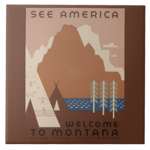 Azulejo Estado de Montana: tribus indias, montañas, prader