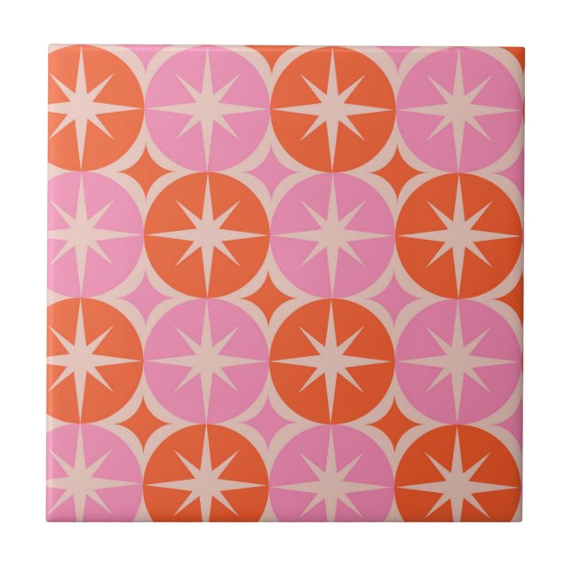 Azulejo Estallidos de mediados de siglo en círculos rosado (Frente)