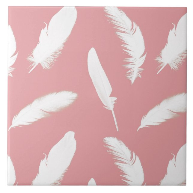 Azulejo Estampa de pluma blanca sobre rosa caparazón (Frente)