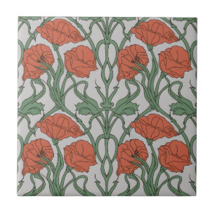 Azulejo Estampa floral de amapola roja Art Nouveau