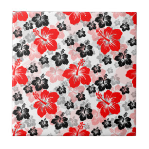 Azulejo Estampa floral de hibisco tropical rojo negro