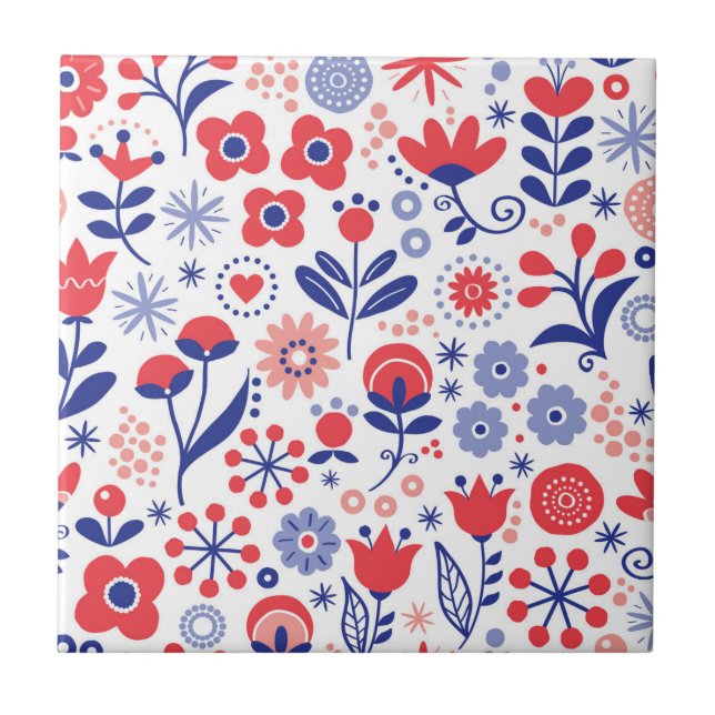 Azulejo Estampado de flores azul y coralino (Frente)