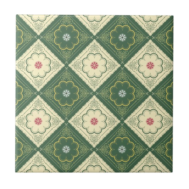 Azulejo Estampado de flores del VIctorian - marfil y verde (Frente)