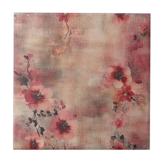 Azulejo Estampado de lino floral Beige Rústico (6) (Frente)