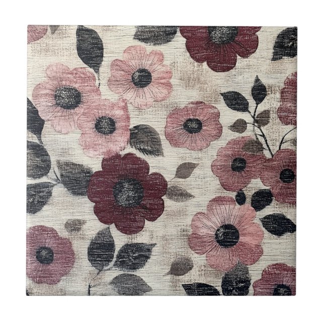 Azulejo Estampado de lino floral Beige Rústico (7) (Frente)
