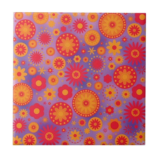 Azulejo Estampado de plores rojo del hippy del naranja y (Frente)