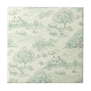 Azulejo Estampado de toile verde apagado de granja pastora