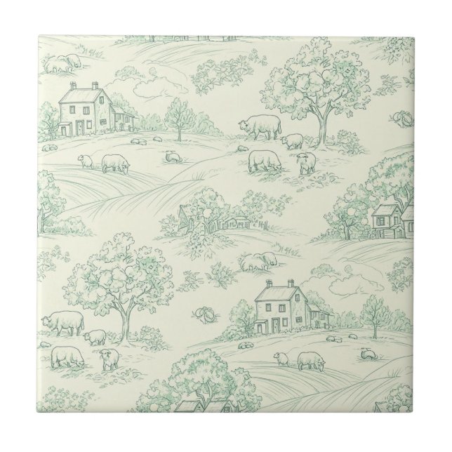 Azulejo Estampado de toile verde apagado de granja pastora (Frente)