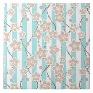 Azulejo estampado floral beige sobre menta con rayas blanc