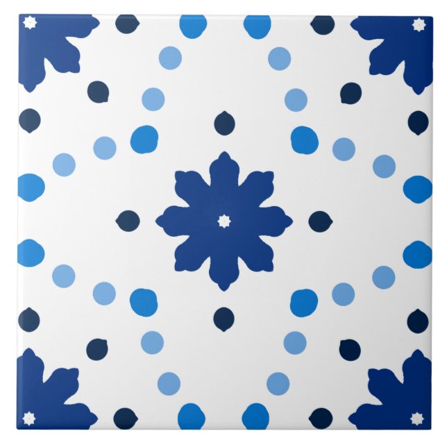 Azulejo Estampado floral de lunares azules y blancos (Frente)