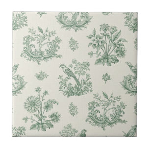 Azulejo Estampado floral de toile de pájaro verde menta vi