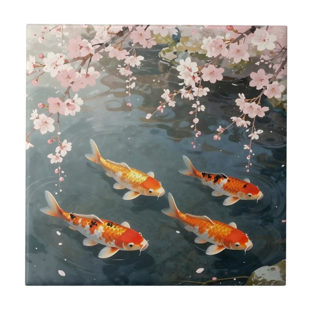 Azulejo Estanque de Koi Flor de Cerezo Serenidad (Frente)