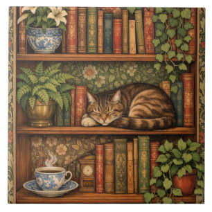 Azulejo Estante de libros antiguos con gato y café