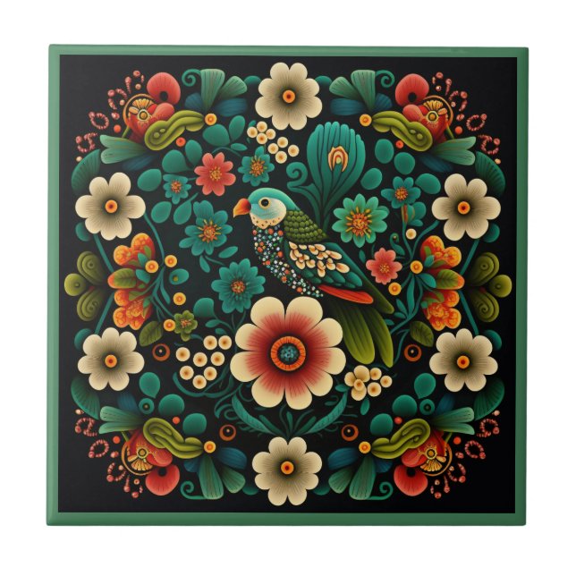 Azulejo Estilo Art deco flor patrón pájaro cerámica (Frente)