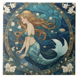 Azulejo Estilo Art Nouveau Art Decó de Sirena Azul