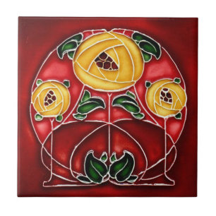 Azulejo Estilo Art Nouveau Cerámica amarilla y roja