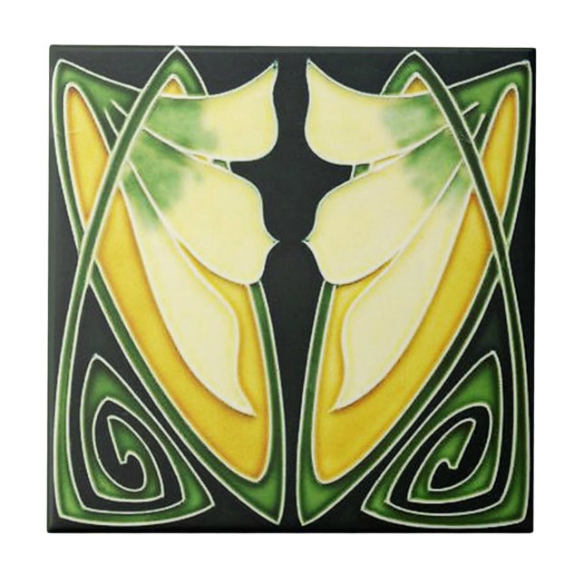 Azulejo Estilo cerámico Art Nouveau verde y amarillo (Frente)