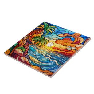 Azulejo Estilo de cristal manchado de sol tropical con art