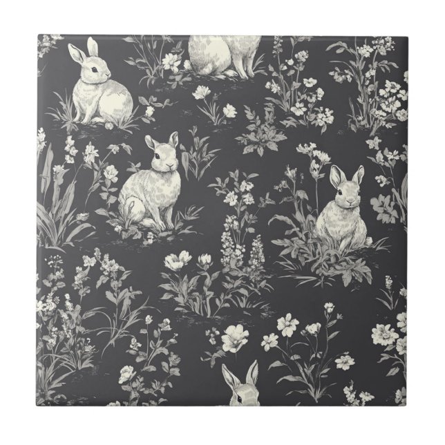 Azulejo Estilo de Toile Botánico de Conejo Negro Rústico (Frente)