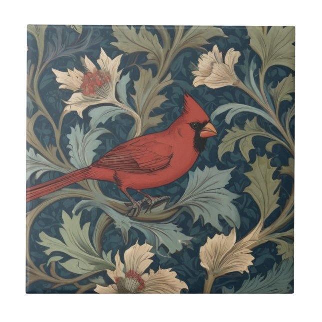 Azulejo Estilo de William Morris Cardinal Rojo Bird derech (Frente)