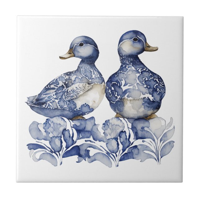 Azulejo Estilo Delft azul y blanco adorables patos con flo (Frente)