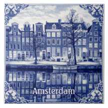 Azulejo estilo Delft Blue con canal de Ámsterdam