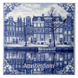 Azulejo estilo Delft Blue con canal de Ámsterdam