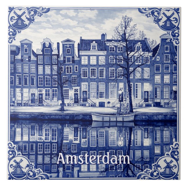 Azulejo estilo Delft Blue con canal de Ámsterdam (Frente)