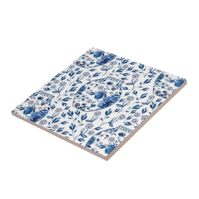 Azulejo Estilo floral Chinoiserie azul pintado a mano (Lado)