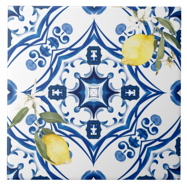 Azulejo estilo italiano, mediterráneo, majólica, limón, (Frente)
