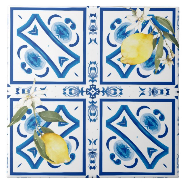 Azulejo estilo italiano, mediterráneo, majólica, limón, (Frente)