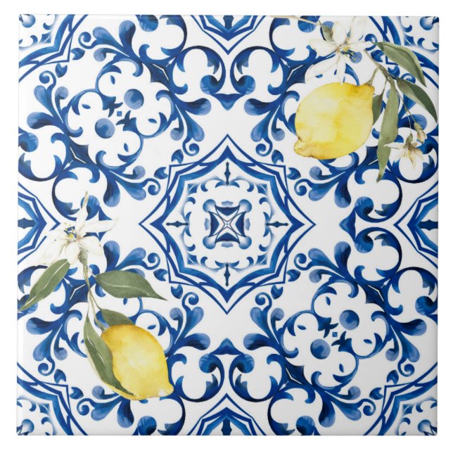 Azulejo estilo italiano, mediterráneo, majólica, limón, (Frente)